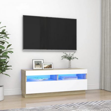 Bild på vidaXL TV-bänk med LED-belysning vit och sonoma-ek 100x35x40 cm