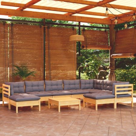 Bild på vidaXL 3096712 10 Piece Garden Lounge Set with Grey Cushions Solid Pinewood (806633+806663x3)